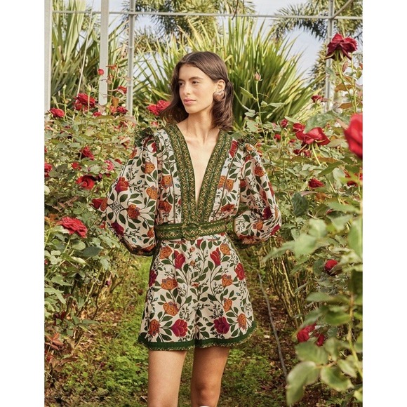 FARM Rio Pants - Farm‎ Rio Sand Garden Tapestry Romper XS Floral Green Puff Sleeve Cottage Whimsy